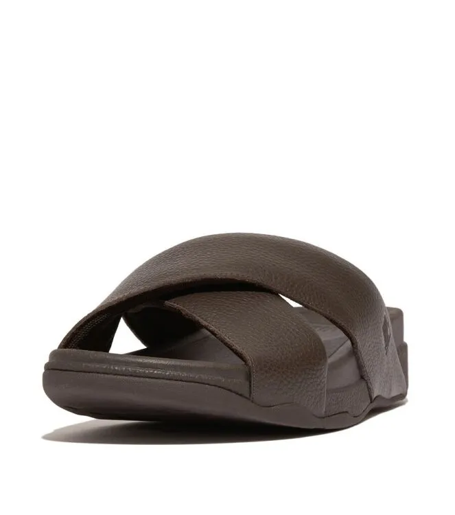 FITFLOP FITFLOP SURFER MENS TUMBLEDLEATHER CROSS SLIDES CHOCOLATE BROWN SLIPPERS