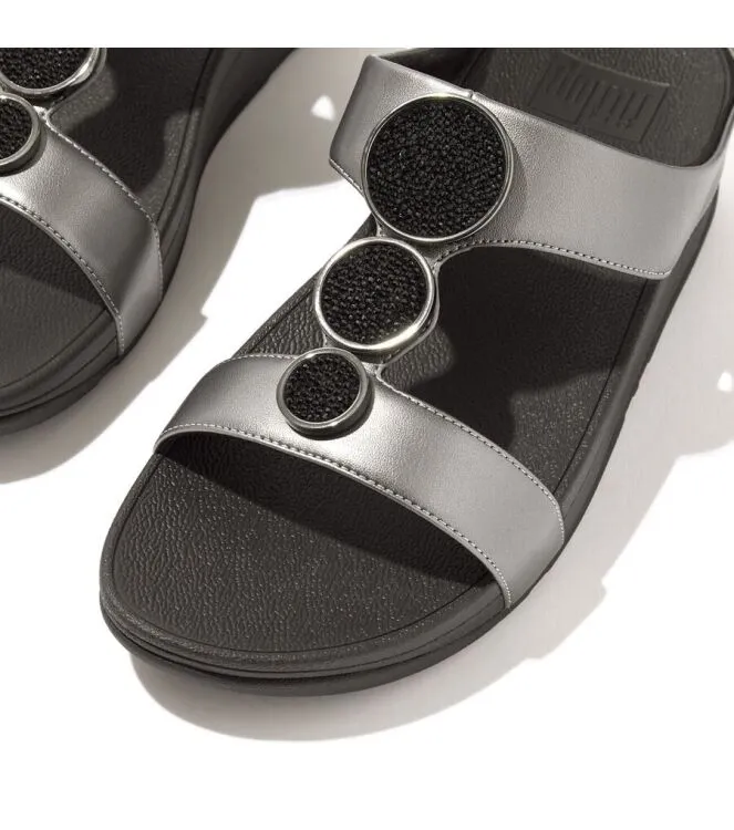 FITFLOP HALO BEADCIRCLE METALLIC HBAR SLIDES PEWTER BLACK SLIPPERS
