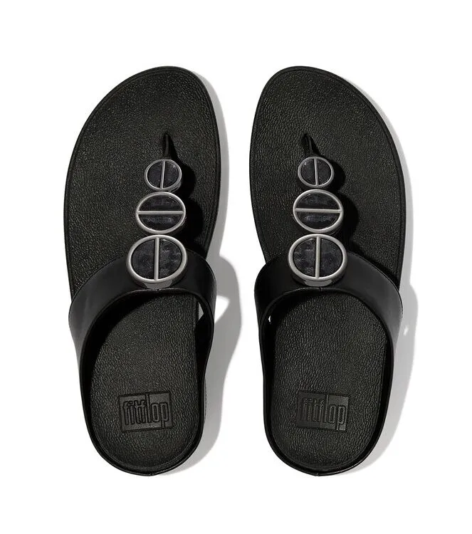 FITFLOP HALO METALLICTRIM TOEPOST SANDALS ALL BLACK SLIPPERS